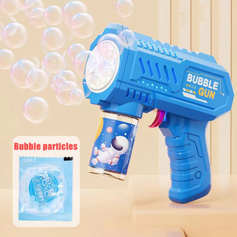 Pistola de bolhas totalmente automática para crianças Máquina de bolhas de foguete Ventilador automático com líquido Brinquedo de praia Presentes ao ar livre