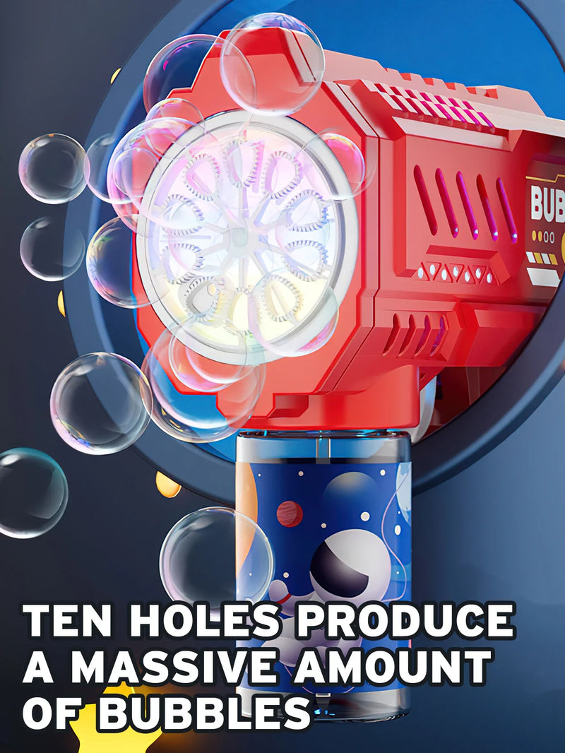 Pistola de bolhas totalmente automática para crianças Máquina de bolhas de foguete Ventilador automático com líquido Brinquedo de praia Presentes ao ar livre