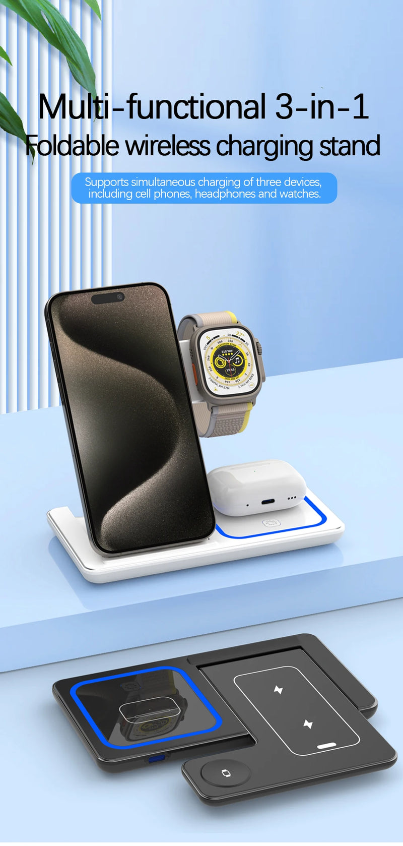 30w led rápido carregador sem fio suporte 3 em 1 estação de carregamento dobrável para iphone 15 14 13 12 11 apple watch 9 8 7 6 5 airpods pro