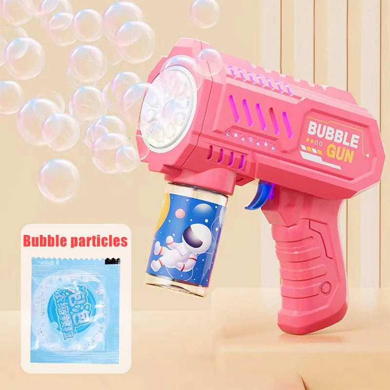 Pistola de bolhas totalmente automática para crianças Máquina de bolhas de foguete Ventilador automático com líquido Brinquedo de praia Presentes ao ar livre