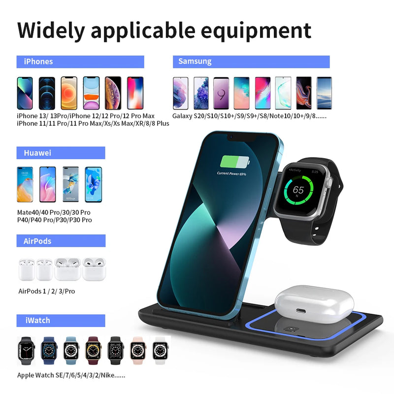 30w led rápido carregador sem fio suporte 3 em 1 estação de carregamento dobrável para iphone 15 14 13 12 11 apple watch 9 8 7 6 5 airpods pro